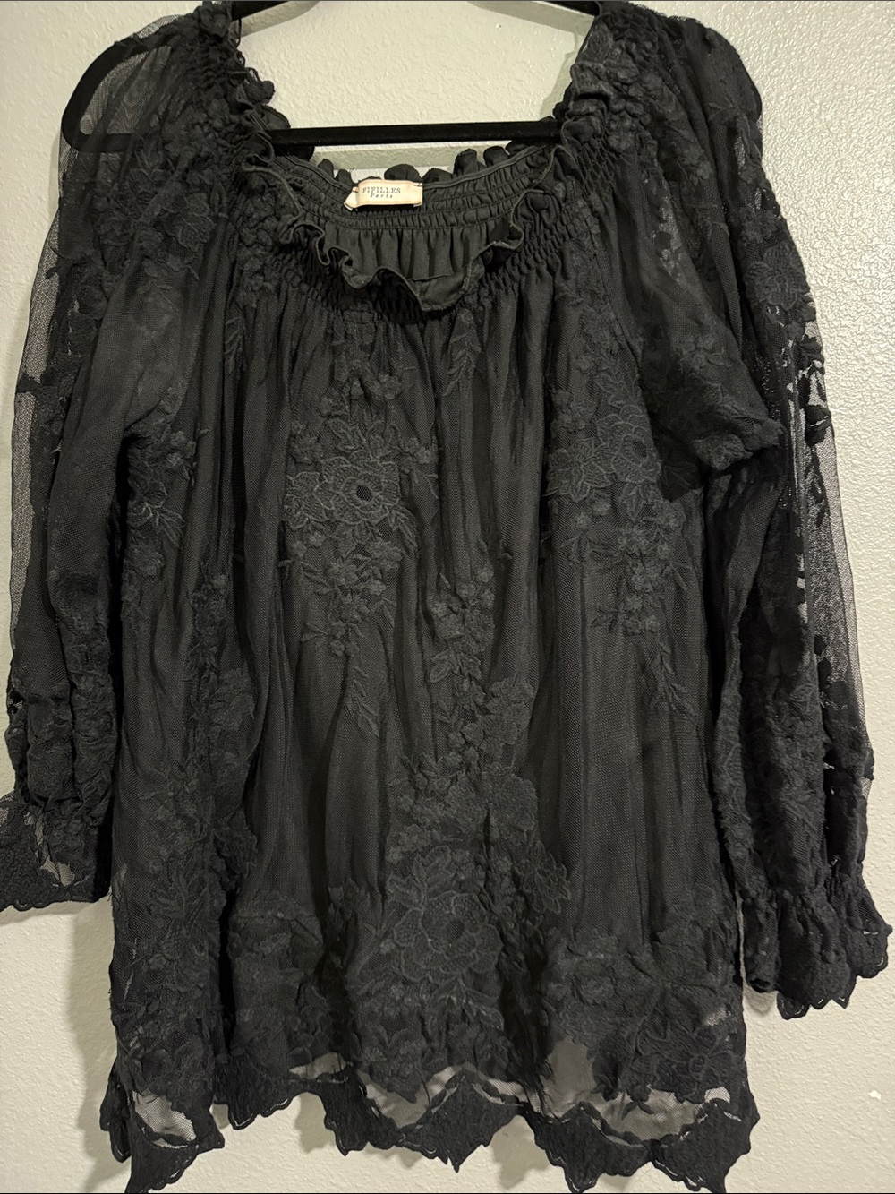 Fifilles Paris Sheer Black Lace Peasant Top -